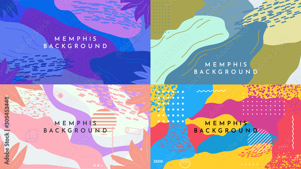 Set of 4 pop art style backgrounds. Vector abstract illustration. Wallpapers  collection. Website template pack.  Fluid and liquid design with dots. Color Memphis pattern. Fashion 80-90s.Retro graphic