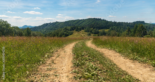 mountain scenery with meadow, dirt road and hills covered by forest above Terchova in Slovakia