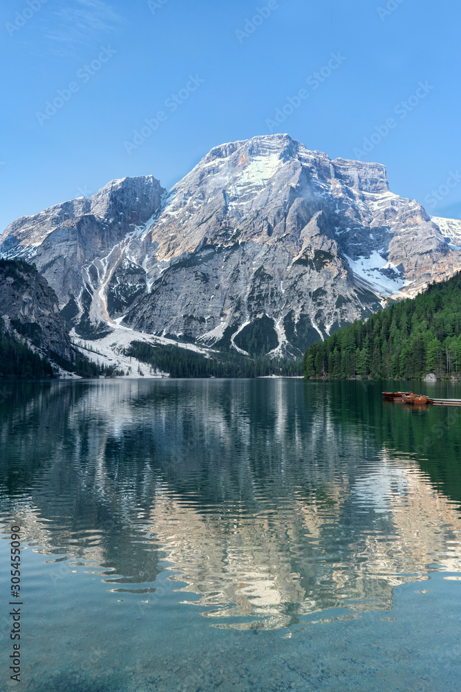 Braies Lake in Dolomites mountains