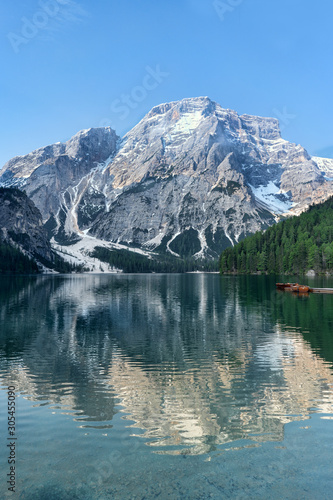 Braies Lake in Dolomites mountains © takoburito