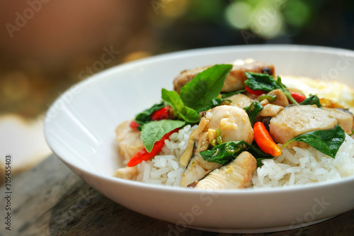 Thai food : Kaphrao Plar is Stirred and fried sliced fish with holy basil and chilies served on steamed rice and fried egg. Shooting in studio for advertising. Thai and Asian food concept.