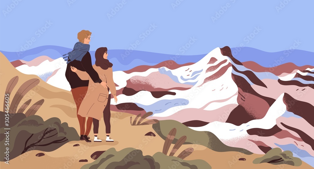 Mountain rest flat vector illustration. Enamored couple, tourists, holiday makers admiring scenery cartoon characters. Travelling, outing, world watching. Opening new horizons concept. - obrazy, fototapety, plakaty 