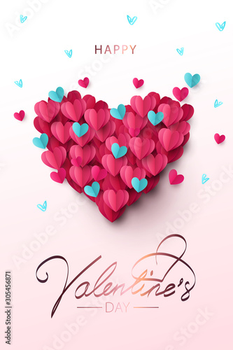 Happy Valentine’s Day festive design vertical banner, greeting card or poster. Vector illustration of Love. Big Heart made of small blue and big pink origami hearts. Paper cut, digital craft style