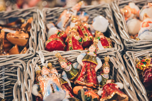 Counter with Christmas decorations. Christmas toys. Christmas fair.