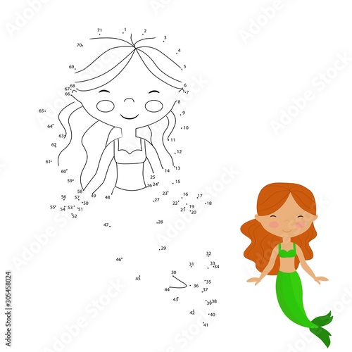  vector illustration of children's game connect the dots, on a white background, figure, mermaid, girl