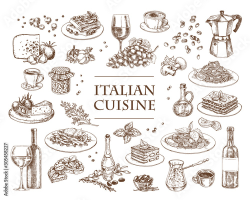 Italian Cuisine vector illustration. Set of traditional italian dishes. Food menu design template. Vintage hand drawn sketch. Engraved image