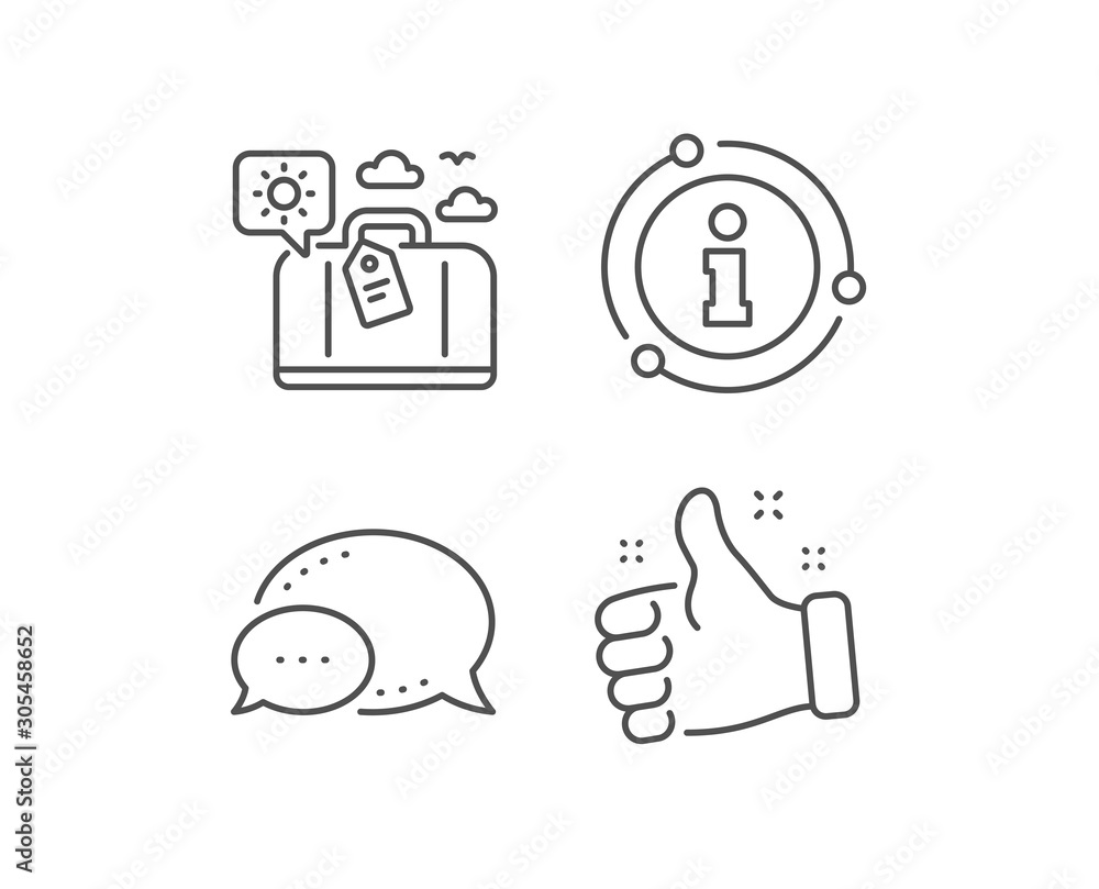 Travel luggage line icon. Chat bubble, info sign elements. Trip bag sign. Holidays case symbol. Linear travel luggage outline icon. Information bubble. Vector Travel luggage line icon. Chat bubble, info sign elements. Trip bag sign. Holidays case symbol. Linear travel luggage outline icon. Information bubble. Vector