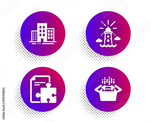 Buildings, Strategy and Lighthouse icons simple set. Halftone dots button. Packing boxes sign. Town apartments, Puzzle, Navigation beacon. Delivery box. Industrial set. Vector