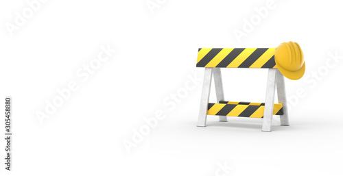 Under construction white wide banner. Street sign no crossing. 3d illustration.