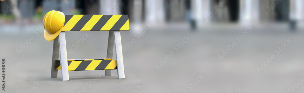 Barrier - under construction on a gray background. Horizontal banner. Road sign without intersection, road block, no crossing. 3d illustration. - obrazy, fototapety, plakaty 