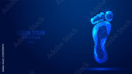 Foot feet geometric lines, low poly style wireframe vector banner template. Isolated medicine science technology concept blue background polygonal.