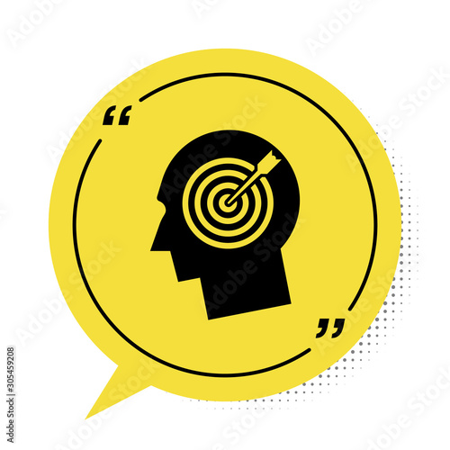 Black Head hunting concept icon isolated on white background. Business target or Employment sign. Human resource and recruitment for business. Yellow speech bubble symbol. Vector Illustration