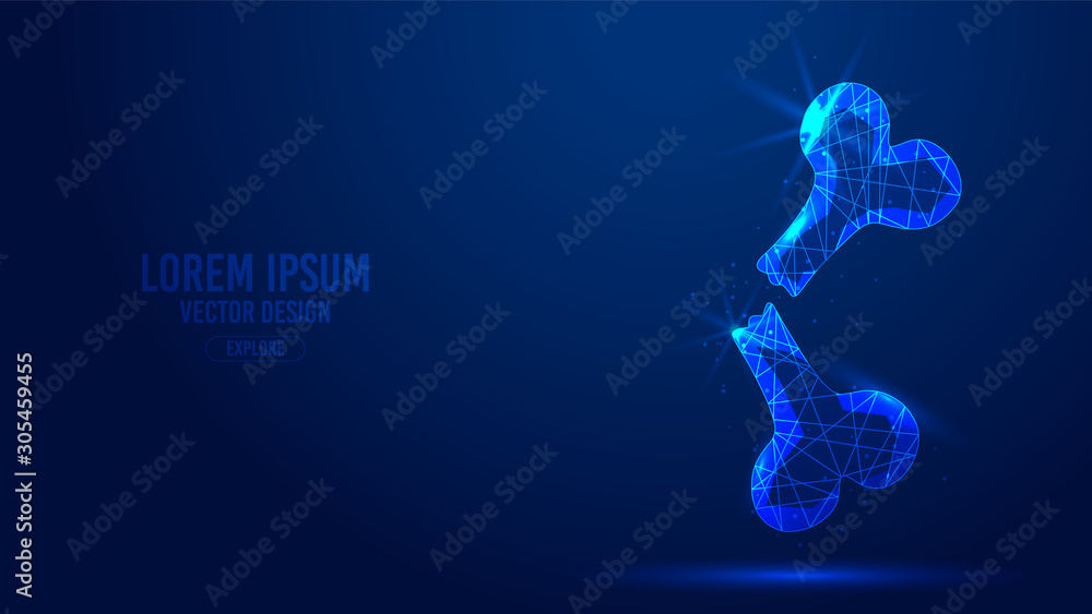 Bone fracture geometric lines, low poly style wireframe vector banner template. Isolated medicine science technology concept blue background.