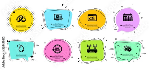 Wifi, Wedding rings and Water drop line icons set. Chat bubbles with quotes. Time management, Calendar and Online shopping signs. Cashback, Web traffic symbols. Internet router, Love. Vector