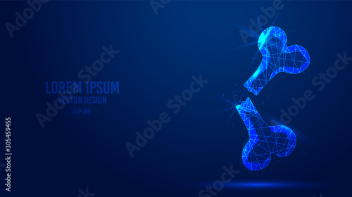Bone fracture geometric lines, low poly style wireframe vector banner template. Isolated medicine science technology concept blue background.