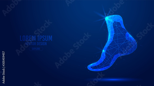 Human feet geometric lines, low poly style wireframe vector banner template. Isolated medicine science technology concept blue background polygonal.