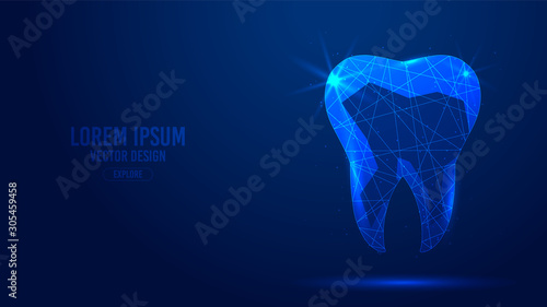 Human tooth, dental implant geometric lines, low poly style wireframe vector banner template. Isolated medicine science technology concept blue background polygonal.