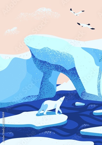 Arctic ice landscape flat vector illustration. Melting glaciers. Iceberg, snow mountains hills, winter nature beauty. Polar bear cartoon character standing on ice floe and looking at birds.