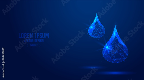Drop of blood, water, oil, liquid geometric lines, low poly style wireframe vector banner template. Isolated medicine science technology concept blue background polygonal.