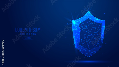 Shield protection geometric lines, low poly style wireframe vector banner template. Isolated cybersecurity, information and web security technology concept blue background polygonal.