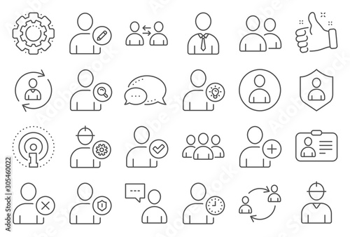 Users line icons. Profile, Group of people and Support signs. ID card, Teamwork people and Businessman user symbols. Person talk, Engineer profile and Human Management. Job support. Vector