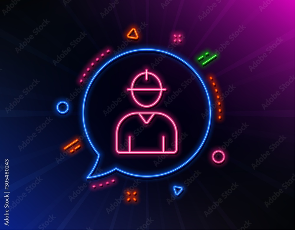 Worker line icon. Neon laser lights. Engineer Profile sign. Male Person silhouette symbol. Glow laser speech bubble. Neon lights chat bubble. Banner badge with engineer icon. Vector Worker line icon. Neon laser lights. Engineer Profile sign. Male Person silhouette symbol. Glow laser speech bubble. Neon lights chat bubble. Banner badge with engineer icon. Vector