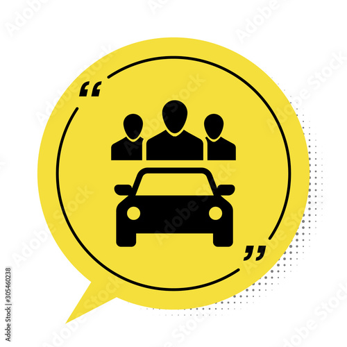Black Car sharing with group of people icon isolated on white background. Carsharing sign. Transport renting service concept. Yellow speech bubble symbol. Vector Illustration