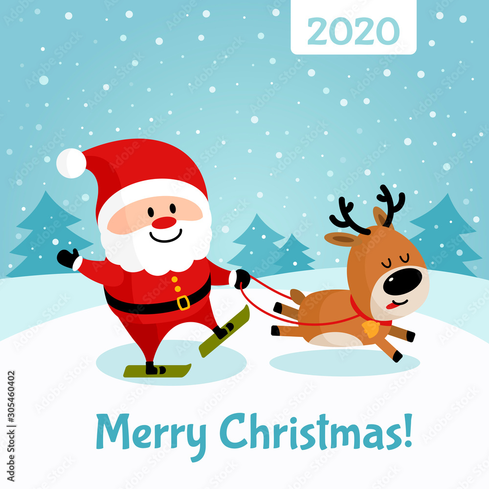 Santa Claus and deer skiing Santa Claus and deer skiing