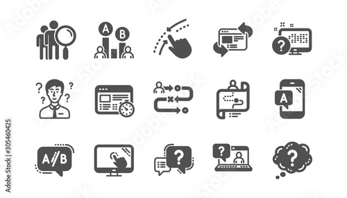 UX icons. AB testing, Journey path map and Question mark. Quiz test classic icon set. Quality set. Vector