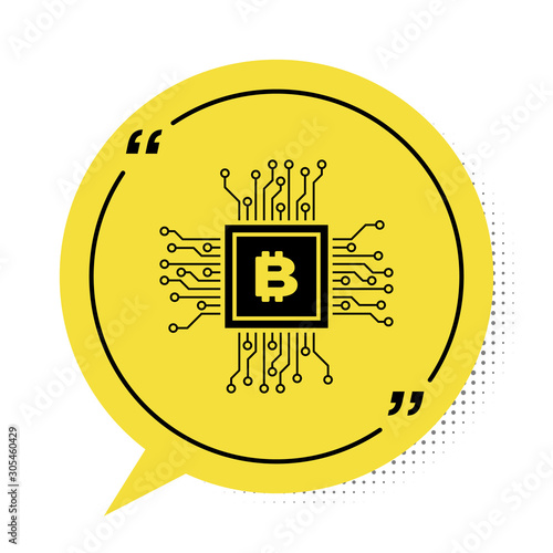 Black CPU mining farm icon isolated on white background. Bitcoin sign inside processor. Cryptocurrency mining community. Digital money. Yellow speech bubble symbol. Vector Illustration