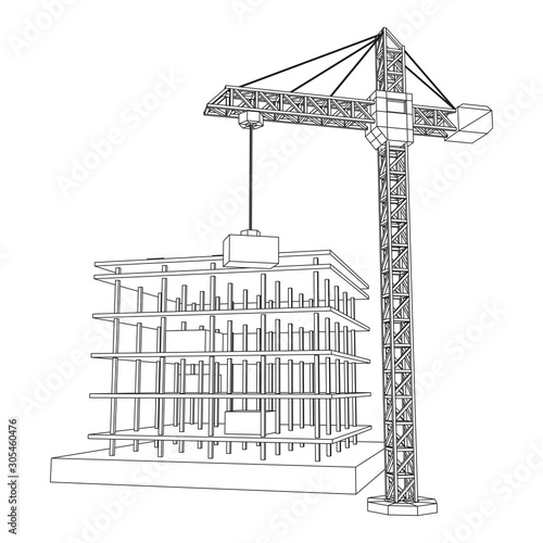 Building under construction with crane. Build house construct in process. Wireframe low poly mesh vector illustration