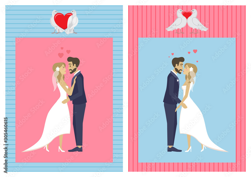 Wedding ceremony vector, man and woman kissing each other, bride and groom in love on special day, male and female cuddling, lady wearing bridal dress, two dove with heart Wedding ceremony vector, man and woman kissing each other, bride and groom in love on special day, male and female cuddling, lady wearing bridal dress, two dove with heart