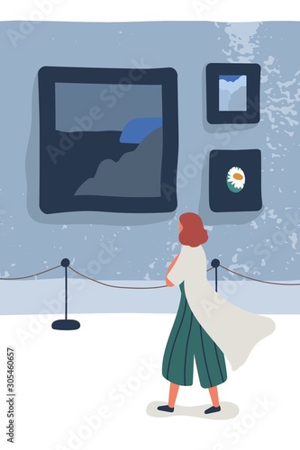Art gallery visitor flat vector illustration. Female art critic cartoon character. Contemporary painting exhibition, modern picture exposition, artwork presentation. Museum interior. Cultural leisure.