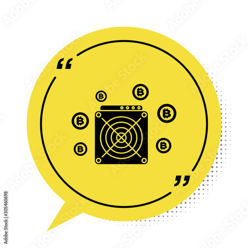 Black ASIC Miner icon isolated on white background. Cryptocurrency mining equipment and hardware. Application specific integrated circuit. Yellow speech bubble symbol. Vector Illustration