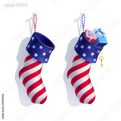 Set of Christmas stockings decorated in the style of American flag. 3D realistic vector objects. Custom socks tailored by the DIY method. Hanging homemade sock-shaped bags. Empty and filled stockings