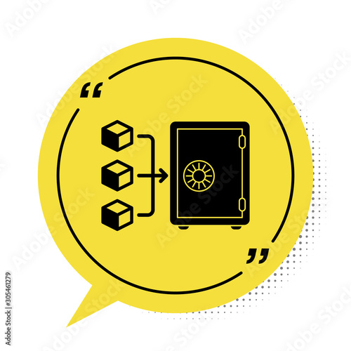 Black Proof of stake icon isolated on white background. Cryptocurrency economy and finance collection. Yellow speech bubble symbol. Vector Illustration
