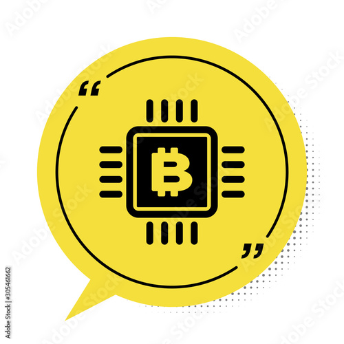 Black CPU mining farm icon isolated on white background. Bitcoin sign inside microchip. Cryptocurrency mining community. Digital money. Yellow speech bubble symbol. Vector Illustration