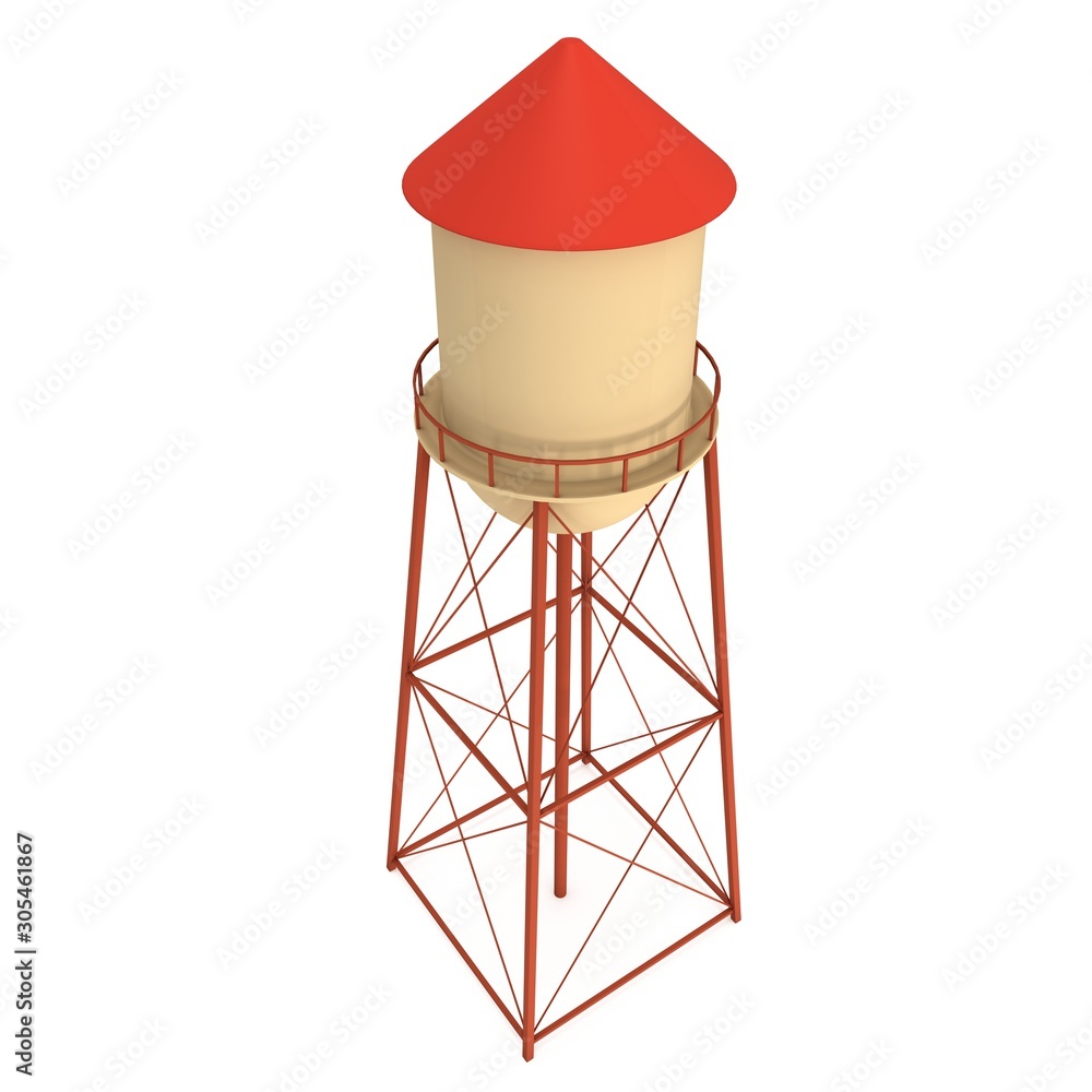 Water tower. Industrial construction with water tank. 3d render isolated on white