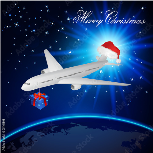 airplane in night sky on earth with santa hat and gift box. Merry Christmas concept. Vector illustration.