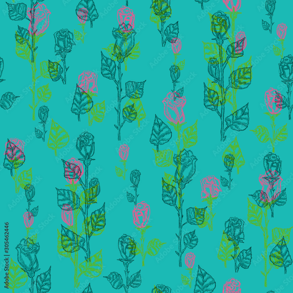 Obraz premium Seamless pattern with roses, rosebuds and leaves for background or textile.
