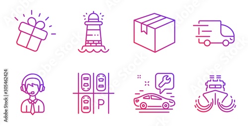 Gift, Lighthouse and Parcel line icons set. Parking place, Truck delivery and Car service signs. Shipping support, Ship symbols. Marketing box, Searchlight tower. Transportation set. Vector