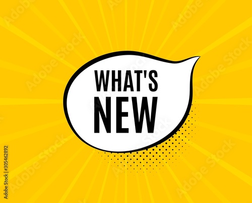 Whats new symbol. Chat speech bubble. Special offer sign. New arrivals symbol. Yellow vector banner with bubble. Whats new text. Chat badge. Colorful background. Vector