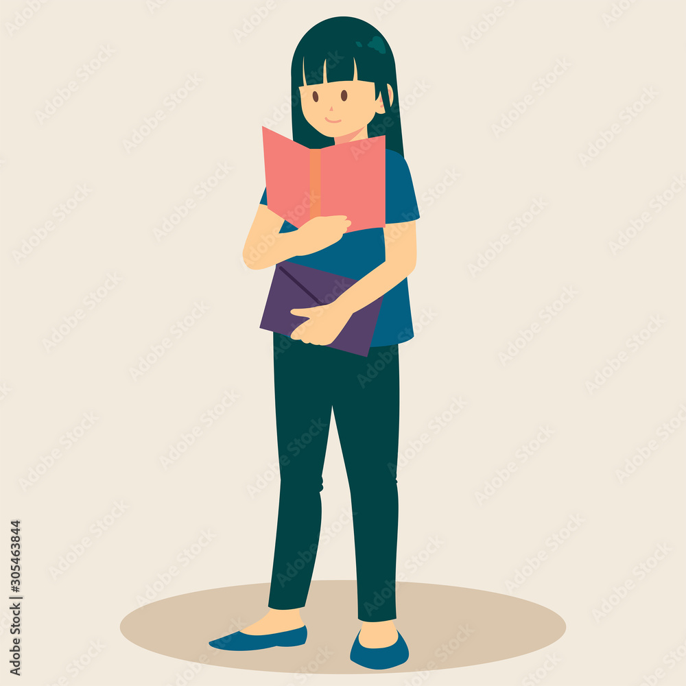 Girl long hair standing and reading and preparing for examination. Book lover, reader, isolated on background. Flat cartoon vector illustration. Girl long hair standing and reading and preparing for examination. Book lover, reader, isolated on background. Flat cartoon vector illustration.