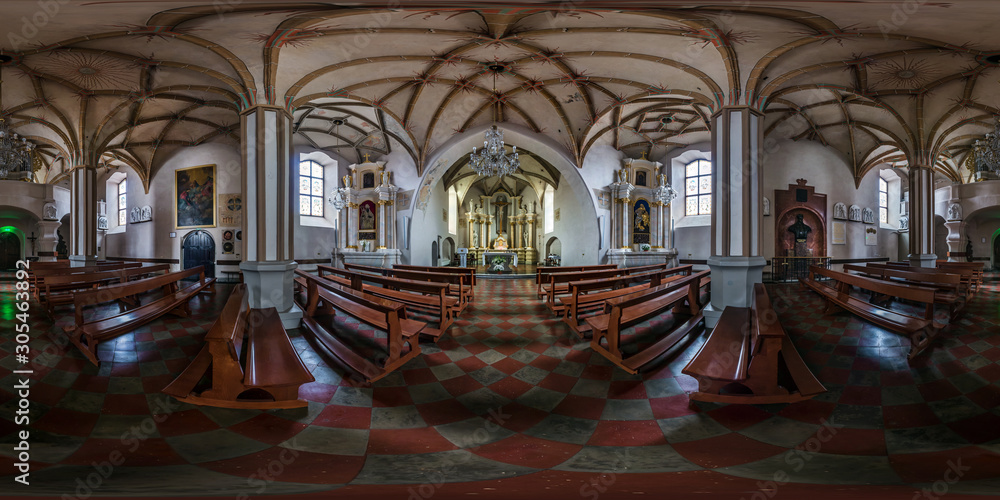 Full spherical seamless hdri panorama 360 degrees inside interior of old gothic catholic church of Nicolas in equirectangular projection, VR AR content with zenith
