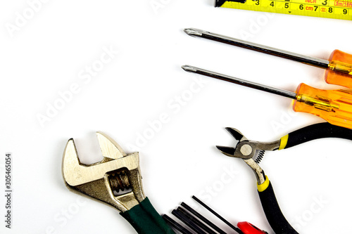 Tools Sets Cutting pliers Wrenches Screwdrivers Pliers Clamps blueprint isolated on white background Construction or electrician architectural Concept
