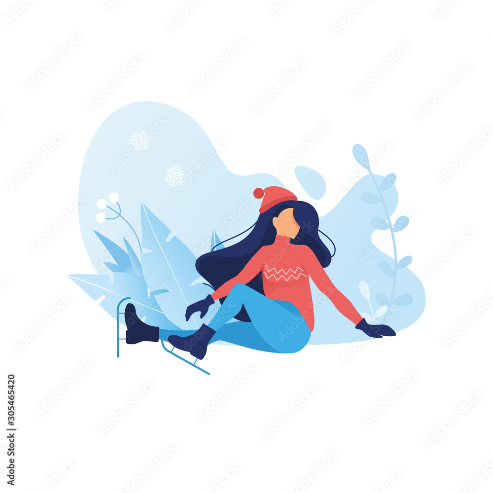 Ice figure skating graceful girl in beautiful poses frozen flowers background. Winter season card. Christmas holidays outdoor activities. flat sports illustration women silhouette on ice rink. Vector Ice figure skating graceful girl in beautiful poses frozen flowers background. Winter season card. Christmas holidays outdoor activities. flat sports illustration women silhouette on ice rink. Vector