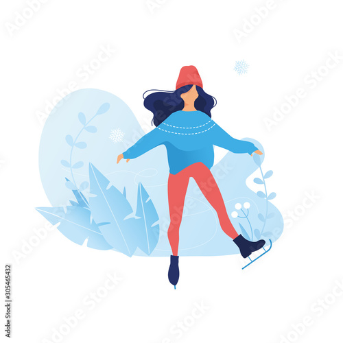 Ice figure skating graceful girl in beautiful poses frozen flowers background. Winter season card. Christmas holidays outdoor activities. flat sports illustration women silhouette on ice rink. Vector