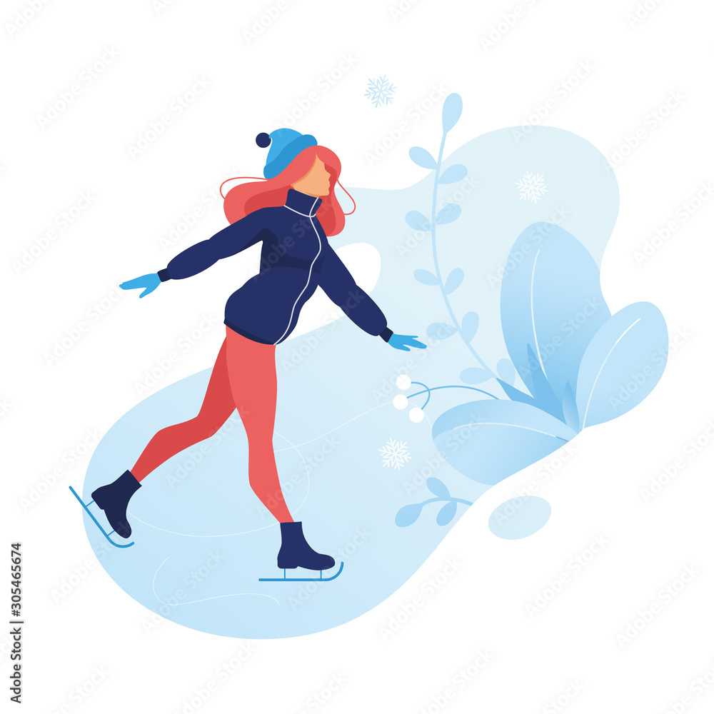 Ice figure skating graceful girl in beautiful poses frozen flowers background. Winter season card. Christmas holidays outdoor activities. flat sports illustration women silhouette on ice rink. Vector