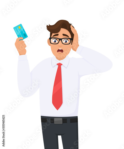 Young businessman shocked with hand on head for mistake, remember error. Forgot, bad memory. Person holding digital payment card. Male character design illustration. Modern lifestyle.