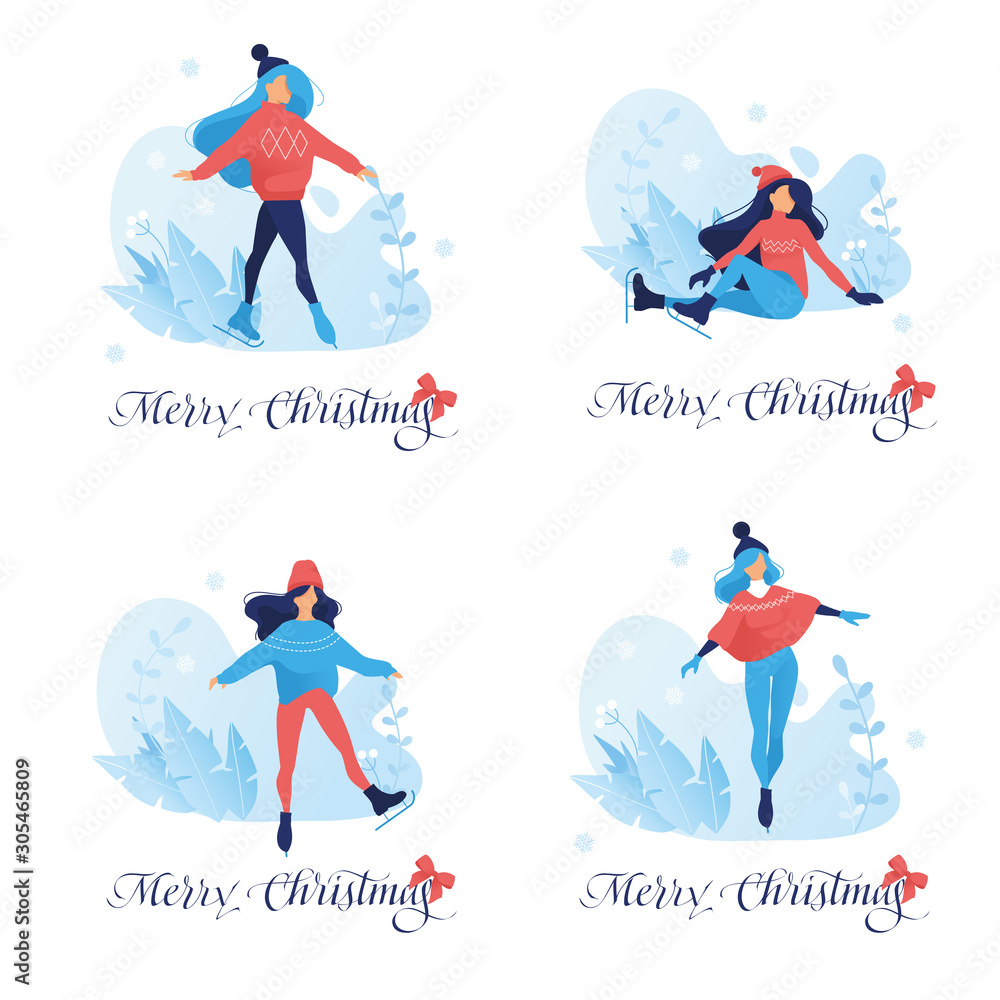 Set of Merry Christmas postcard with calligraphy text. figure skating graceful girl in different poses on frozen flowers background. Christmas holidays outdoor activities. women silhouette on ice rink